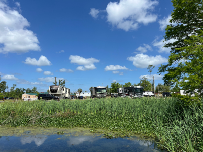 Photo of many RVs facing the camera looking over Merritt's Mill Pond with cloudy blue skies in the background and green grass in front at Florida Caverns RV Resort