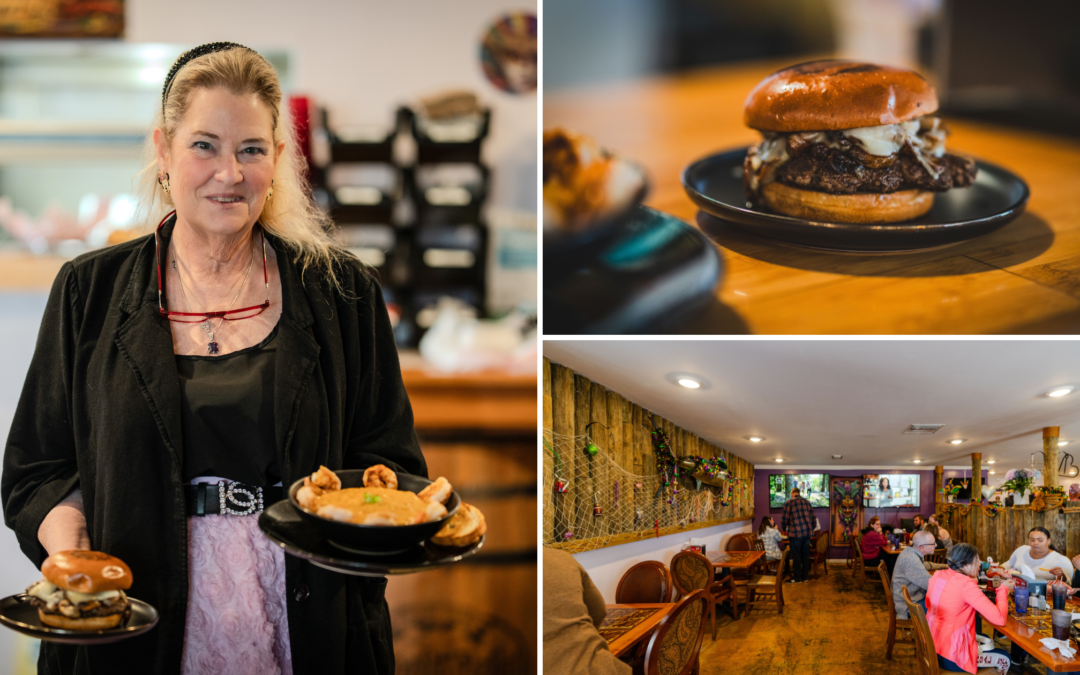 Three-photo collage of the Cajun Corner restaurant right next to Florida Caverns RV Resort. The photo on the left shows the owner smiling with one plat of food in each hand. On the left a burger, and on the right is a plate with shrimp and grits. On the right of the collage there are two photos on top of one another: the photo on tops shows a close-up of the burger, at the bottom is a photo of the interior of the restaurant, showing people sitting and eating.